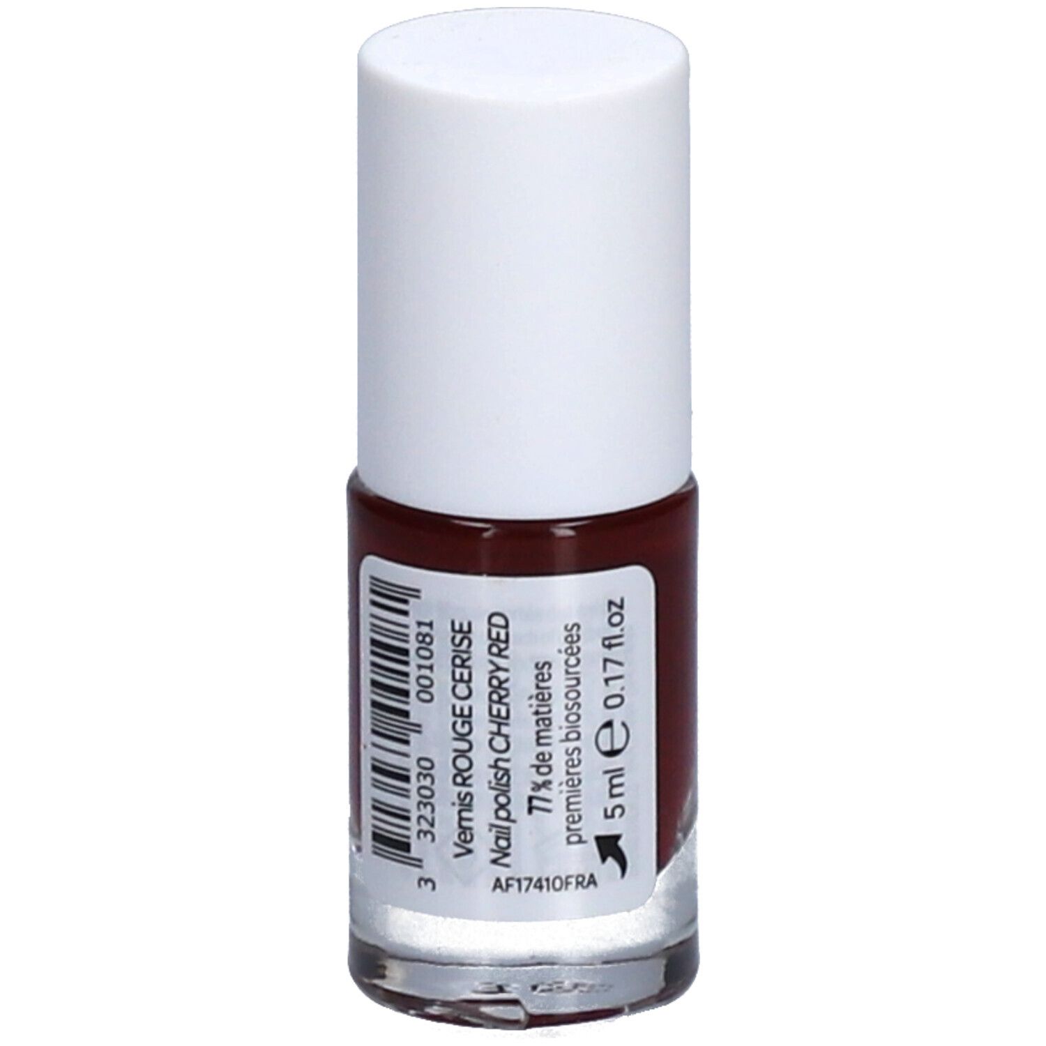 Nagellackflasche mit weißem Deckel. Aufschrift: Vernis Rouge Cerise, Nail polish Cherry Red. Barcode und Volumen: 5 ml.