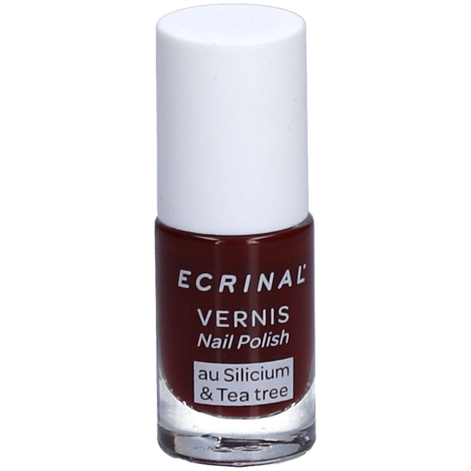 Nagellackflasche mit weißem Deckel. Aufschrift: ECRINAL, VERNIS, Nail Polish, au Silicium & Tea tree. Rote Flüssigkeit sichtbar.
