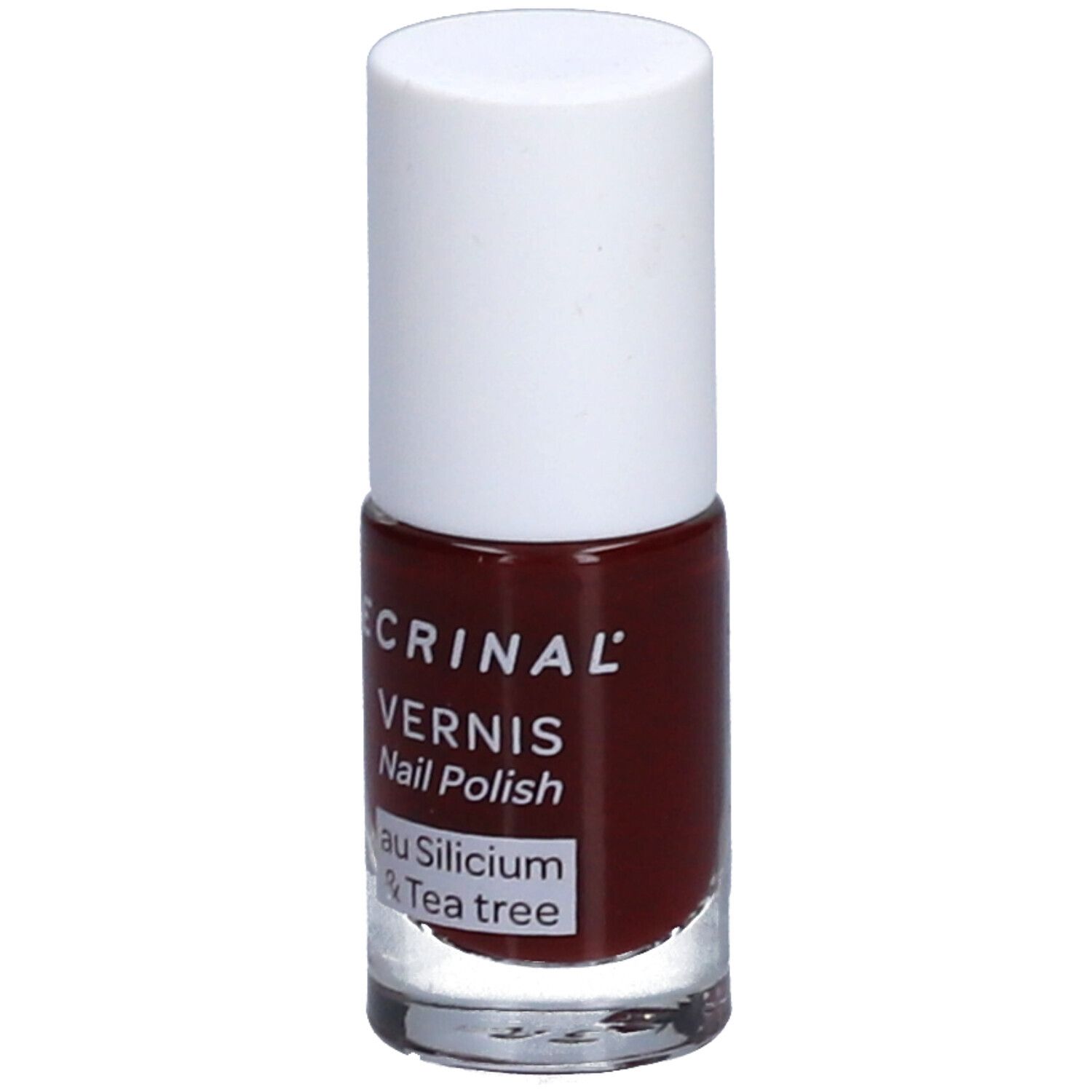 Nagellackflasche mit weißem Deckel. Aufschrift: ECRINAL, VERNIS, Nail Polish, au Silicium & Tea tree. Rote Flüssigkeit sichtbar.