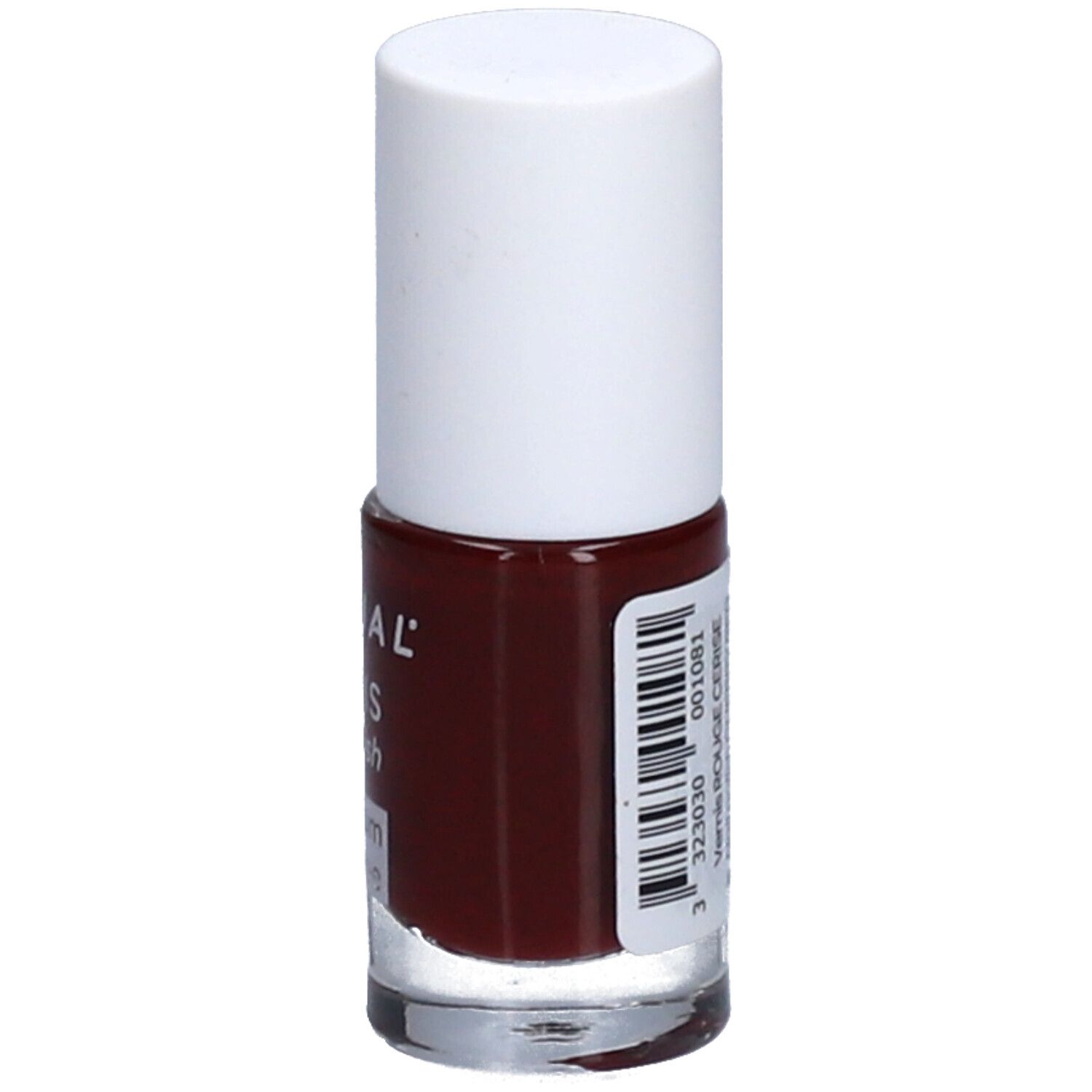 Nagellackflasche mit weißem Deckel. Barcode und Aufschrift: Vernis Rouge Cerise. Volumen: 5 ml.