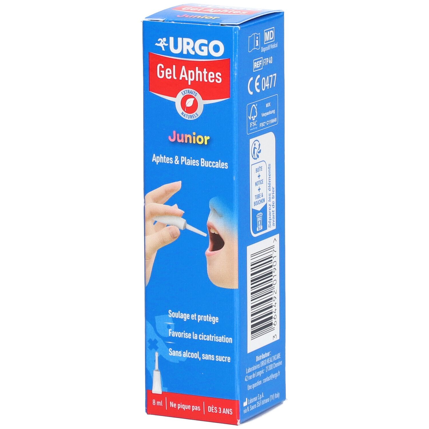 Boîte bleue et blanche URGO Gel Aphtes Junior. Illustration : bouche avec applicateur. Texte : Aphtes & Plaies Buccales. Sans alcool, sans sucre.