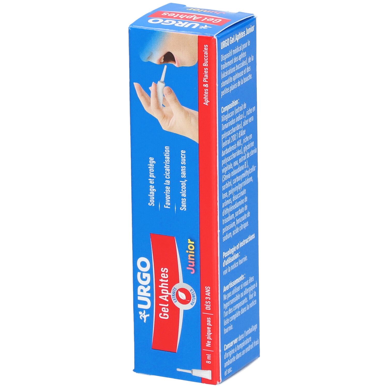 Boîte bleue, nom du produit URGO Gel Aphtes Junior. Illustration : bouche avec applicateur. Texte : Aphtes & Plaies Buccales. Sans alcool, sans sucre.