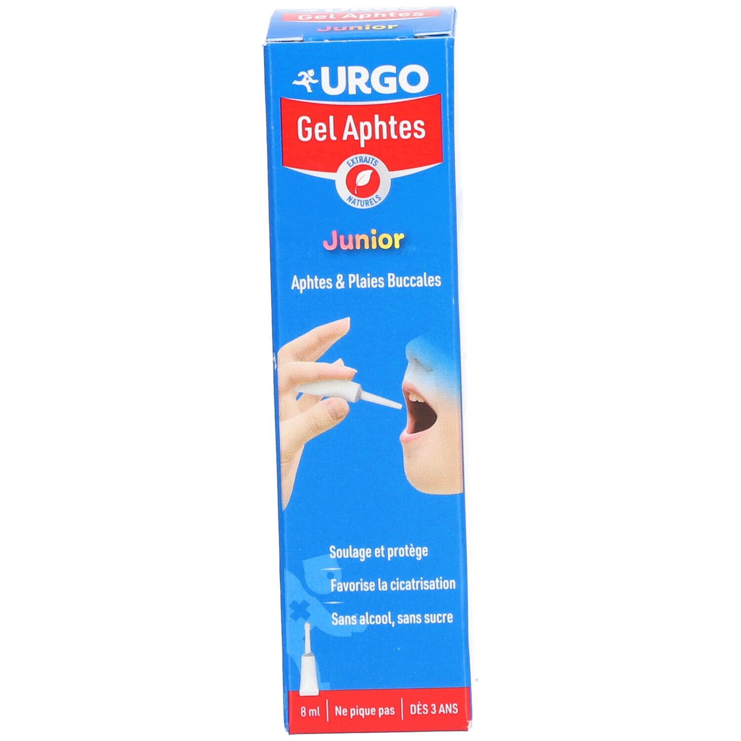 Boîte bleue URGO Gel Aphtes Junior. Illustration : bouche avec applicateur. Texte : Aphtes & Plaies Buccales. 8 ml.