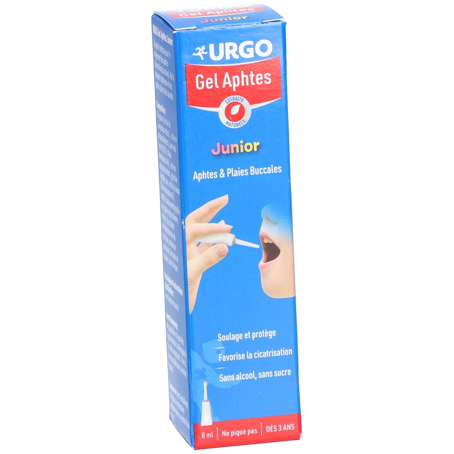 Boîte bleue URGO Gel Aphtes Junior. Illustration : bouche avec applicateur. Texte : Aphtes & Plaies Buccales. 8 ml.