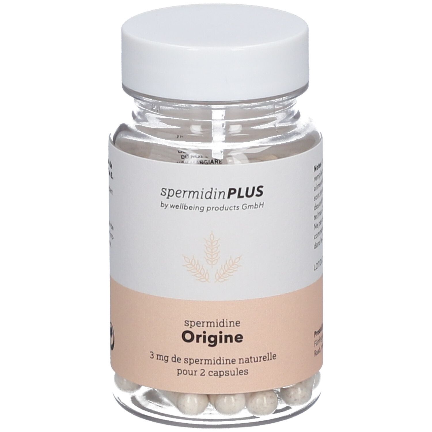 Flacon en verre avec capsules. Étiquette "spermidine Origine".
