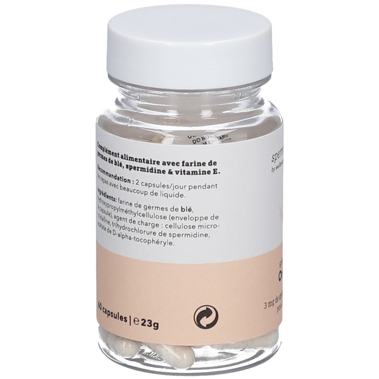 Dos du flacon avec capsules. Étiquette avec ingrédients et informations nutritionnelles.