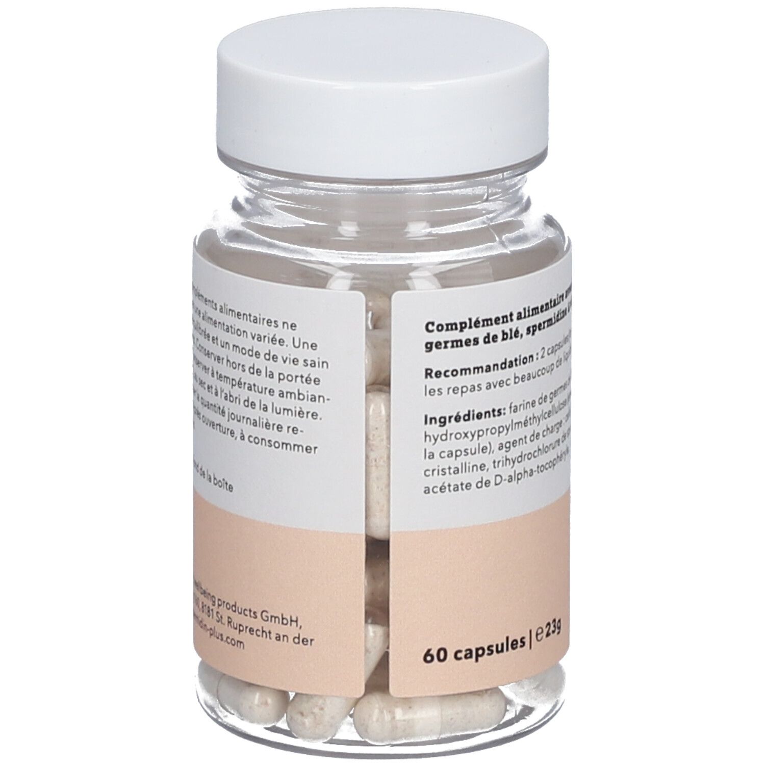 Vue arrière du flacon avec capsules. Étiquette avec informations nutritionnelles et recommandations.