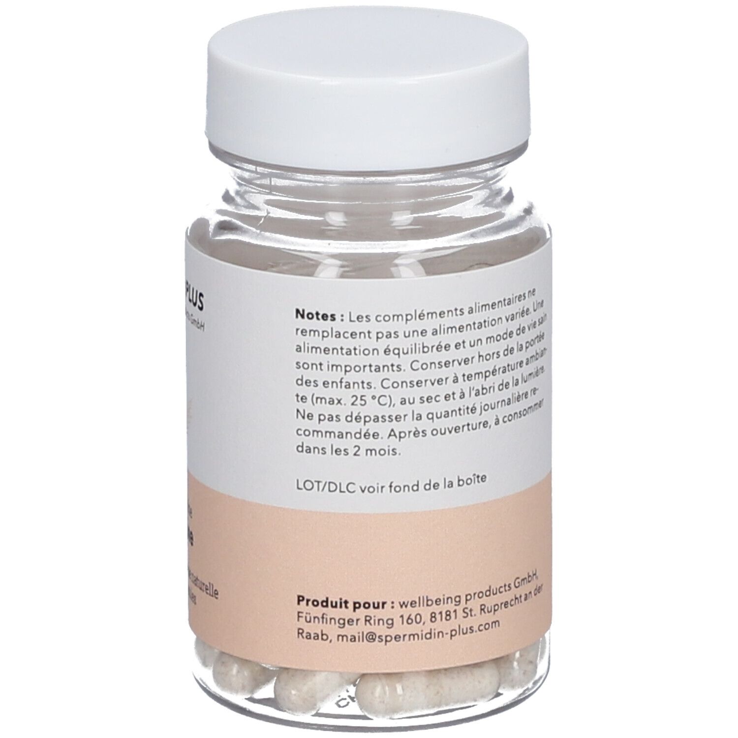 Dos du flacon avec capsules. Étiquette avec avertissements et informations fabricant.