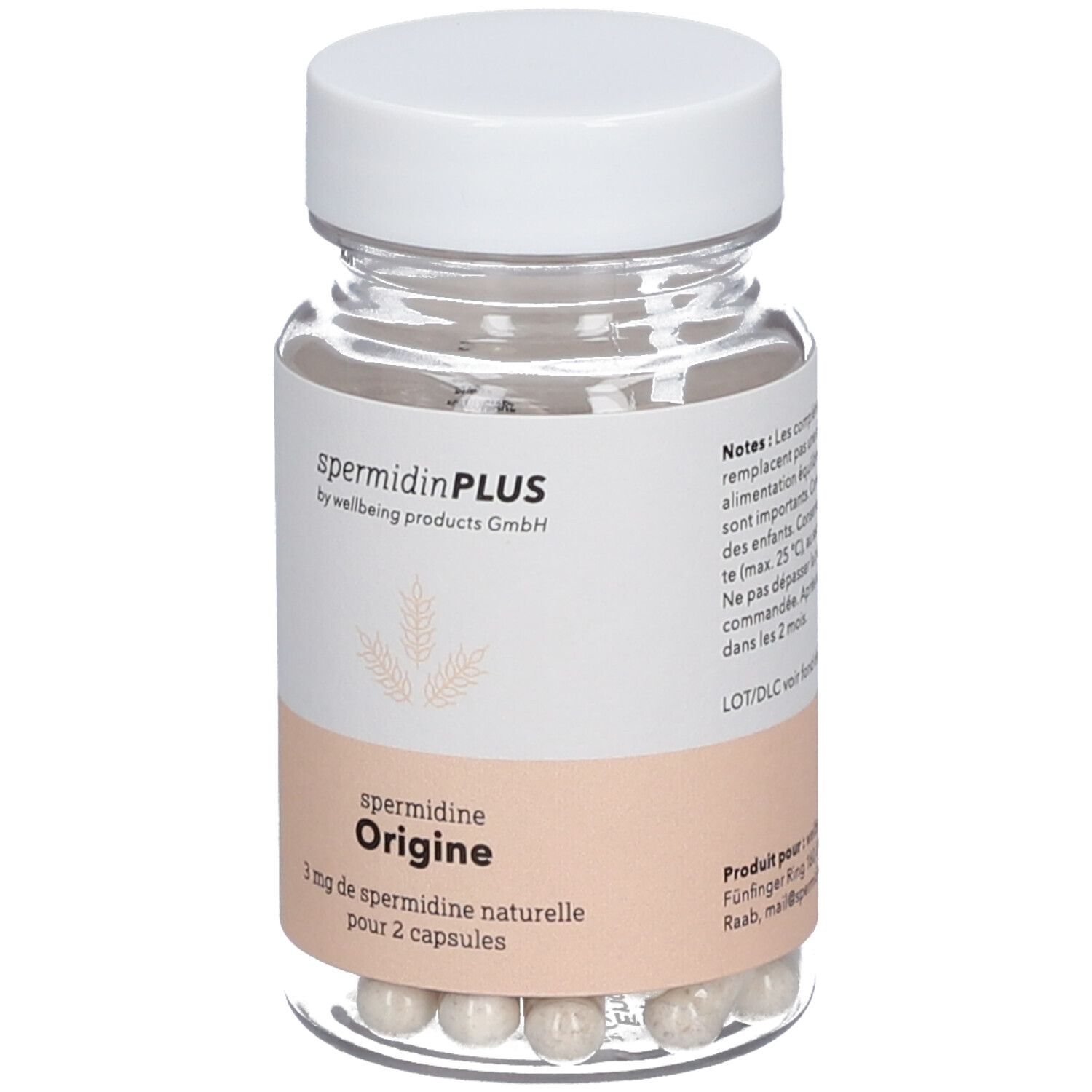 Flacon en verre avec capsules. Étiquette "spermidine Origine".