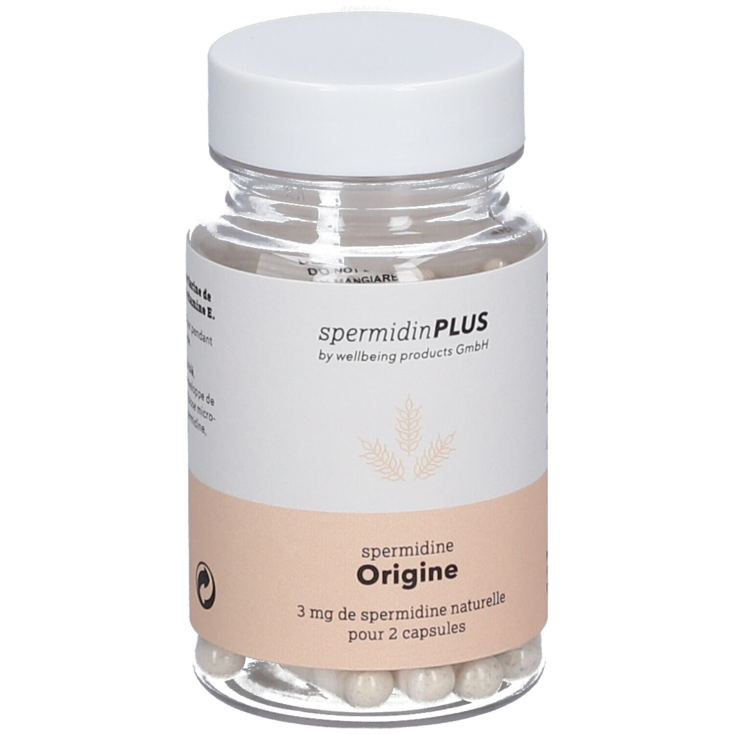 Flacon en verre avec capsules. Étiquette "spermidine Origine".