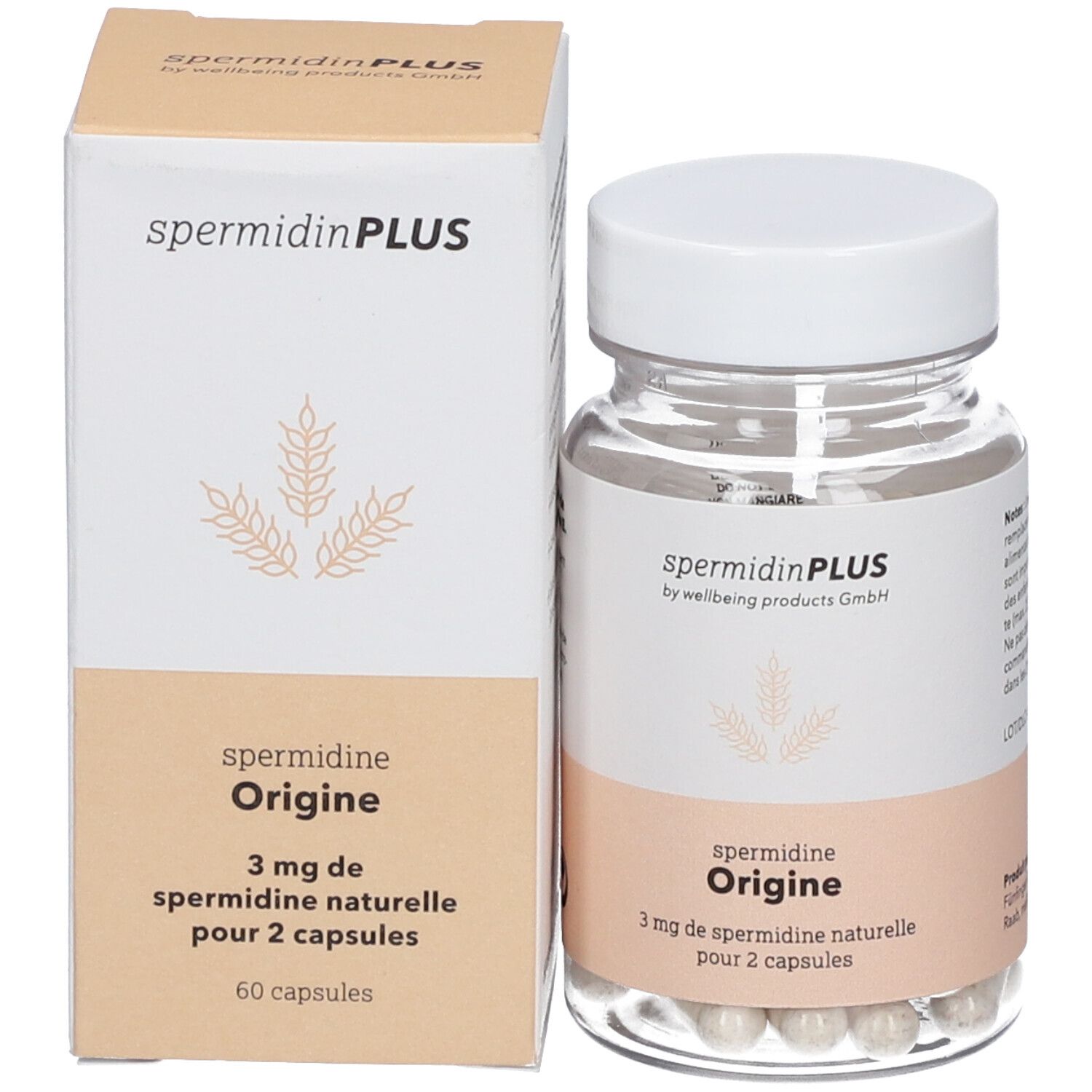 Flacon et boîte avec capsules. Les deux avec "spermidine Origine".