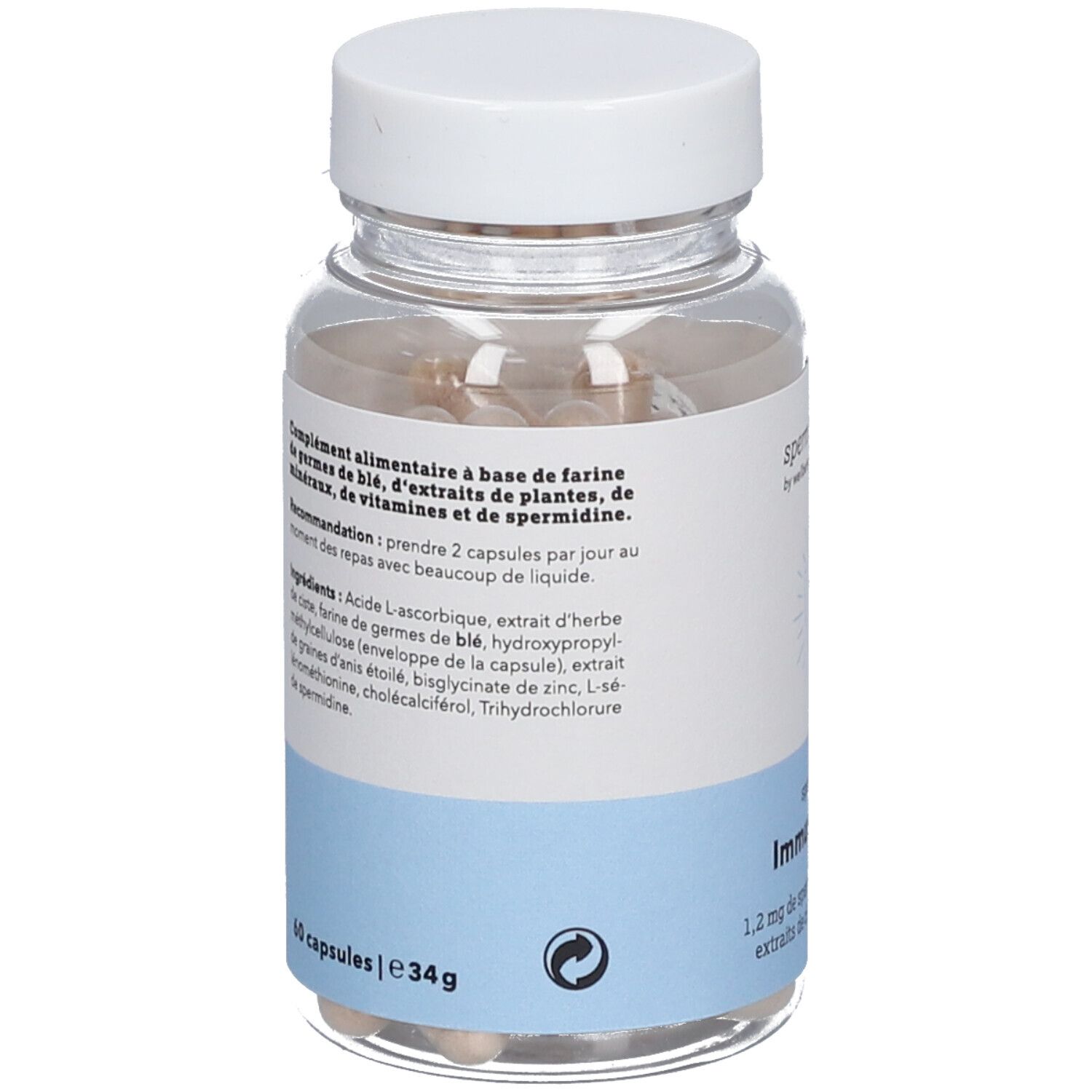 Dos du flacon. Étiquette avec ingrédients et recommandation. 60 gélules, 34g.