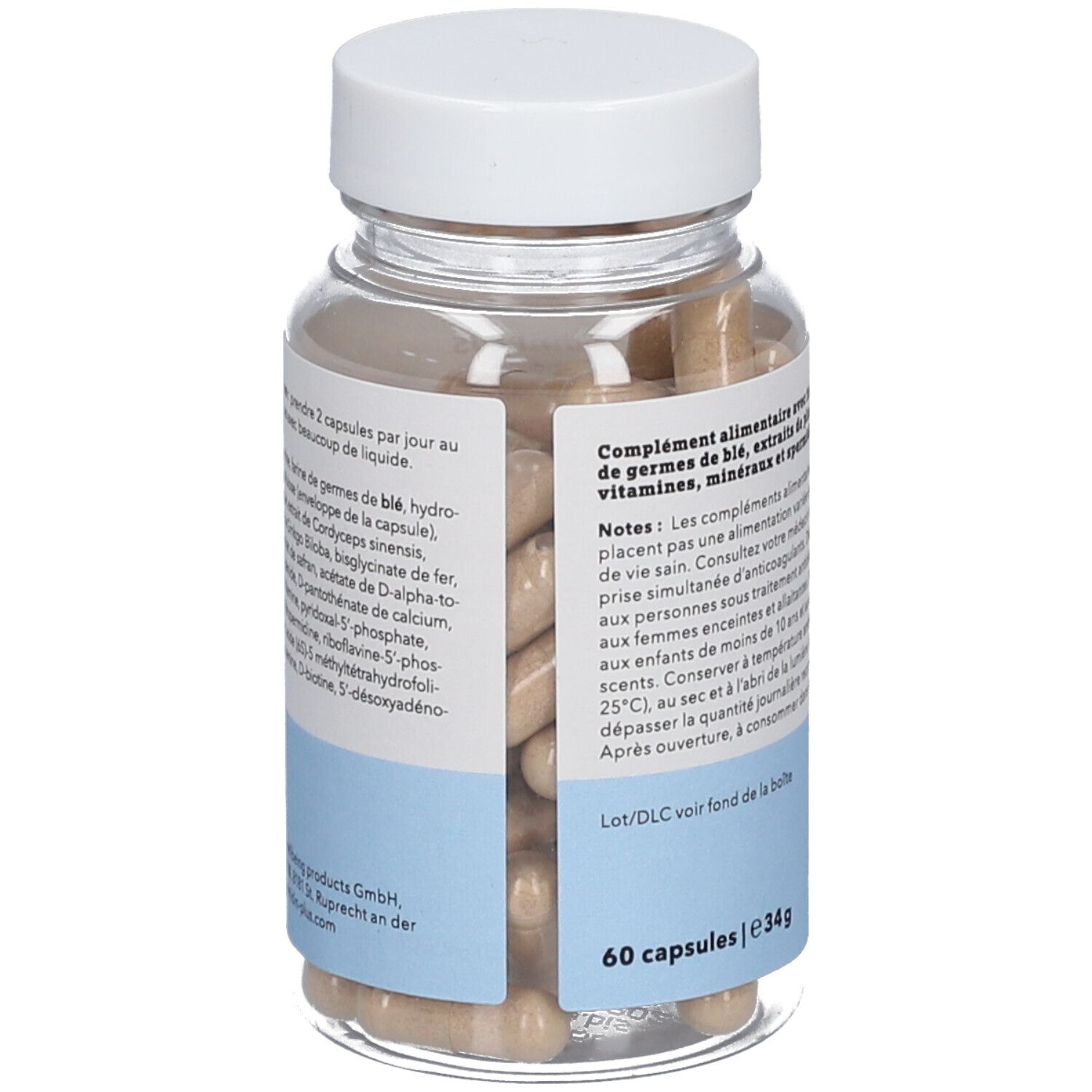 Vue arrière du flacon avec gélules. Étiquette avec ingrédients et recommandation de dosage.