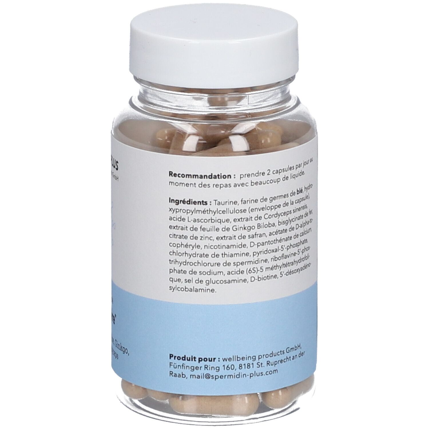 Vue arrière du flacon avec gélules. Étiquette avec ingrédients et recommandation de dosage.