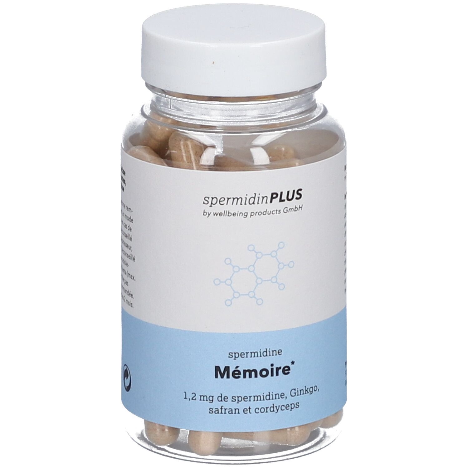 Flacon transparent avec bouchon blanc. Contient des gélules. Étiquette avec nom du produit et ingrédients.