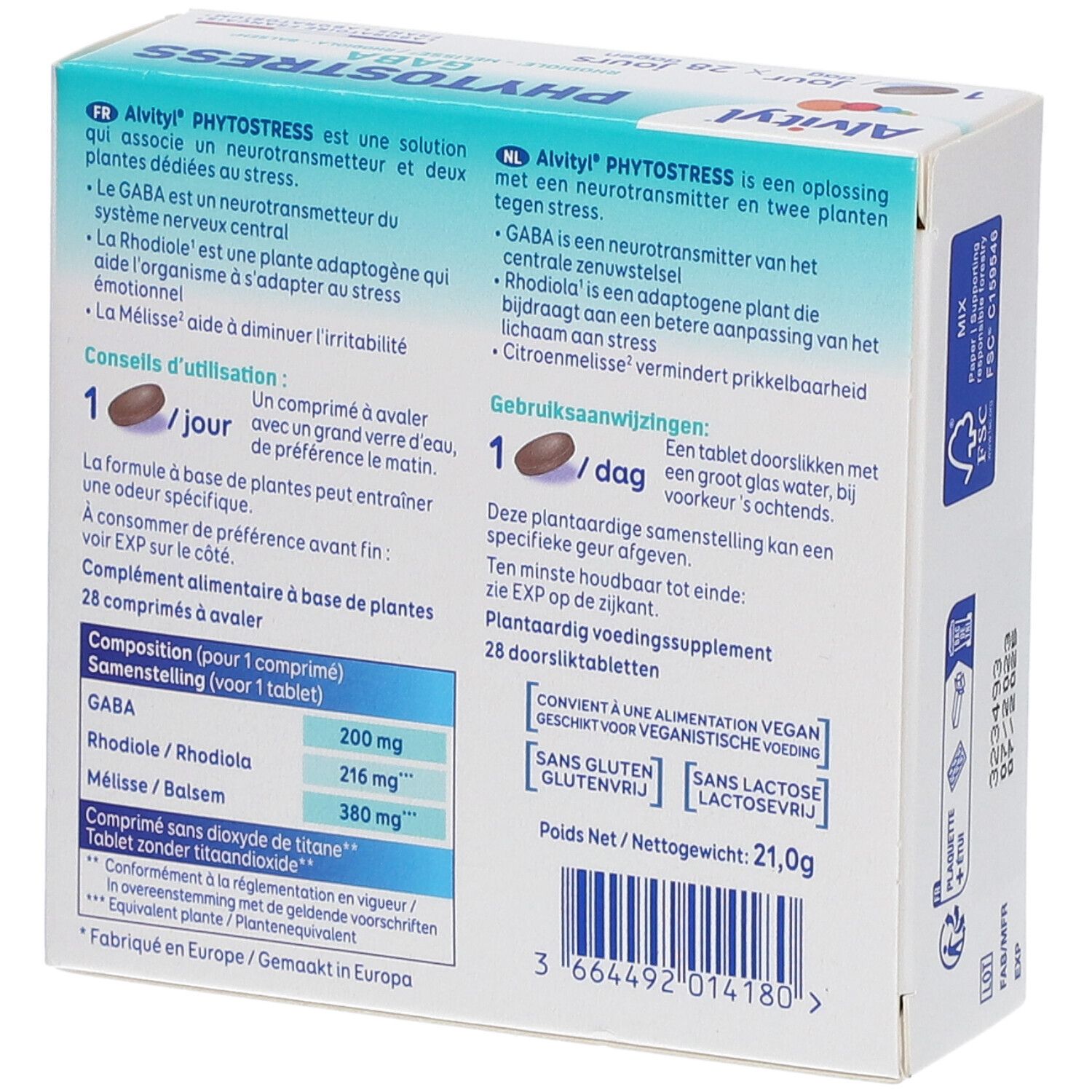 Rückseite der Schachtel. Text in Deutsch und Niederländisch. Produktinformationen und Inhaltsstoffe.