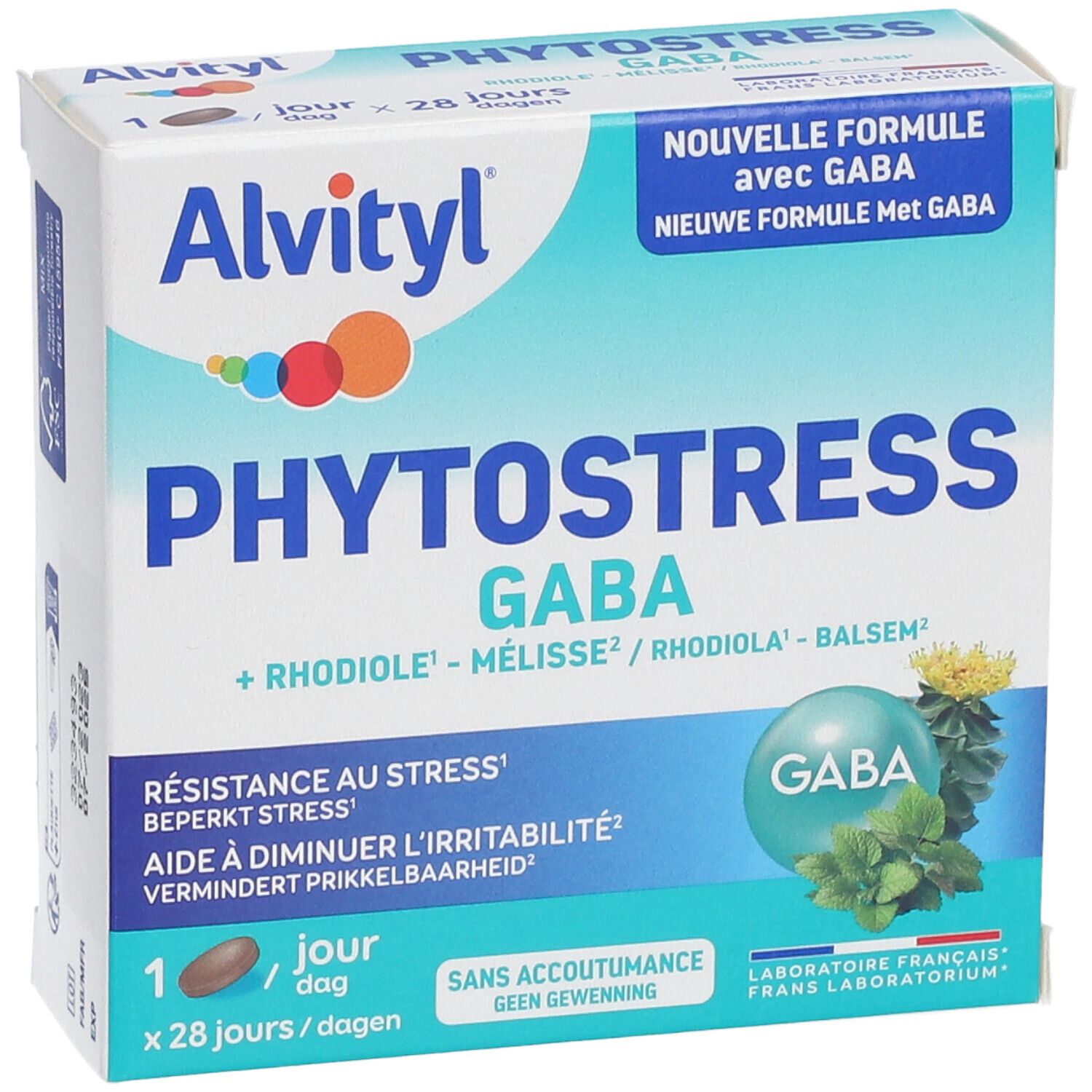 Schachtel mit Produktnamen und Logo. Enthält Kapsel-Abbildung. Text: 'PHYTOSTRESS GABA'.