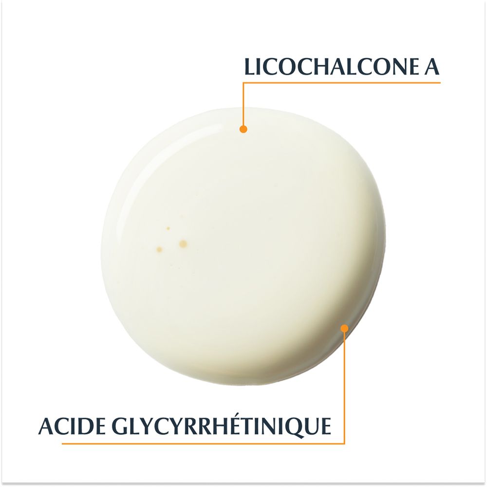 Nahaufnahme einer weißen Creme. Text: Licochalcone A, Glycyrrhetinsäure.