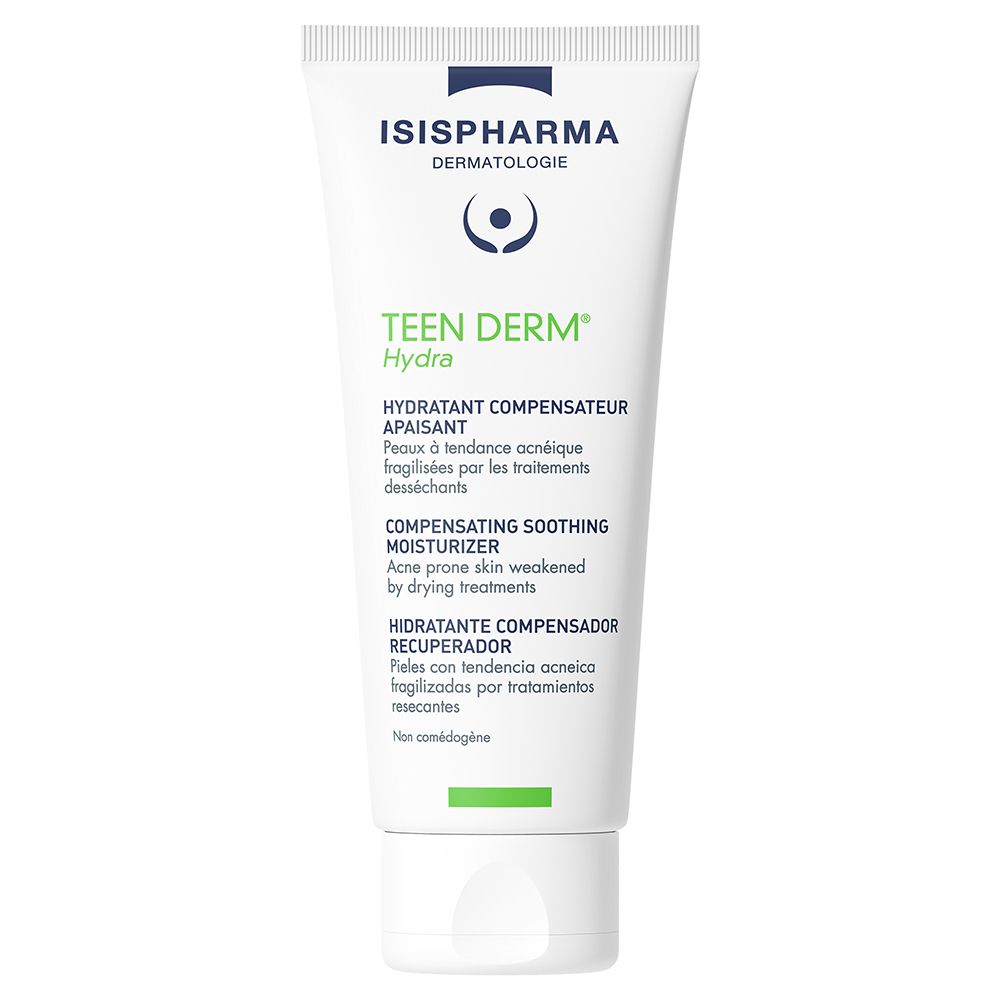 Weiße Tube mit grünem und blauem Aufdruck. Enthält Teen Derm Hydra von ISISPHARMA. Text in Französisch, Englisch und Spanisch.