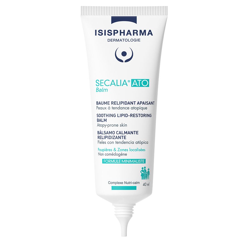 Weiße Tube mit ISISPHARMA Logo und Secalia ATO Balm. Text in mehreren Sprachen. 40ml.