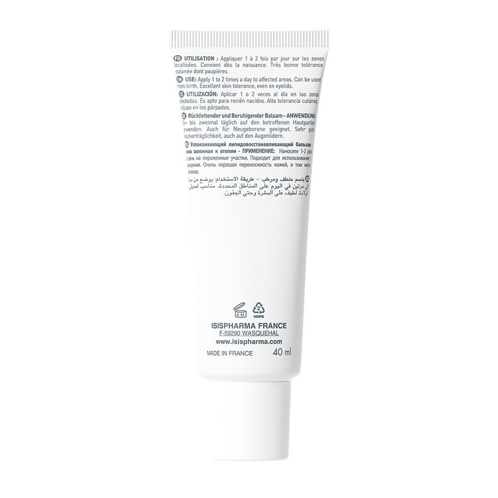 Rückseite der weißen Tube. Text in mehreren Sprachen. ISISPHARMA FRANCE. 40ml.