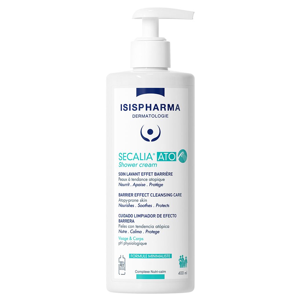 Weiße Flasche mit Pumpe. Aufschrift: ISISPHARMA, Secalia ATO Duschcreme. Enthält Informationen in mehreren Sprachen.