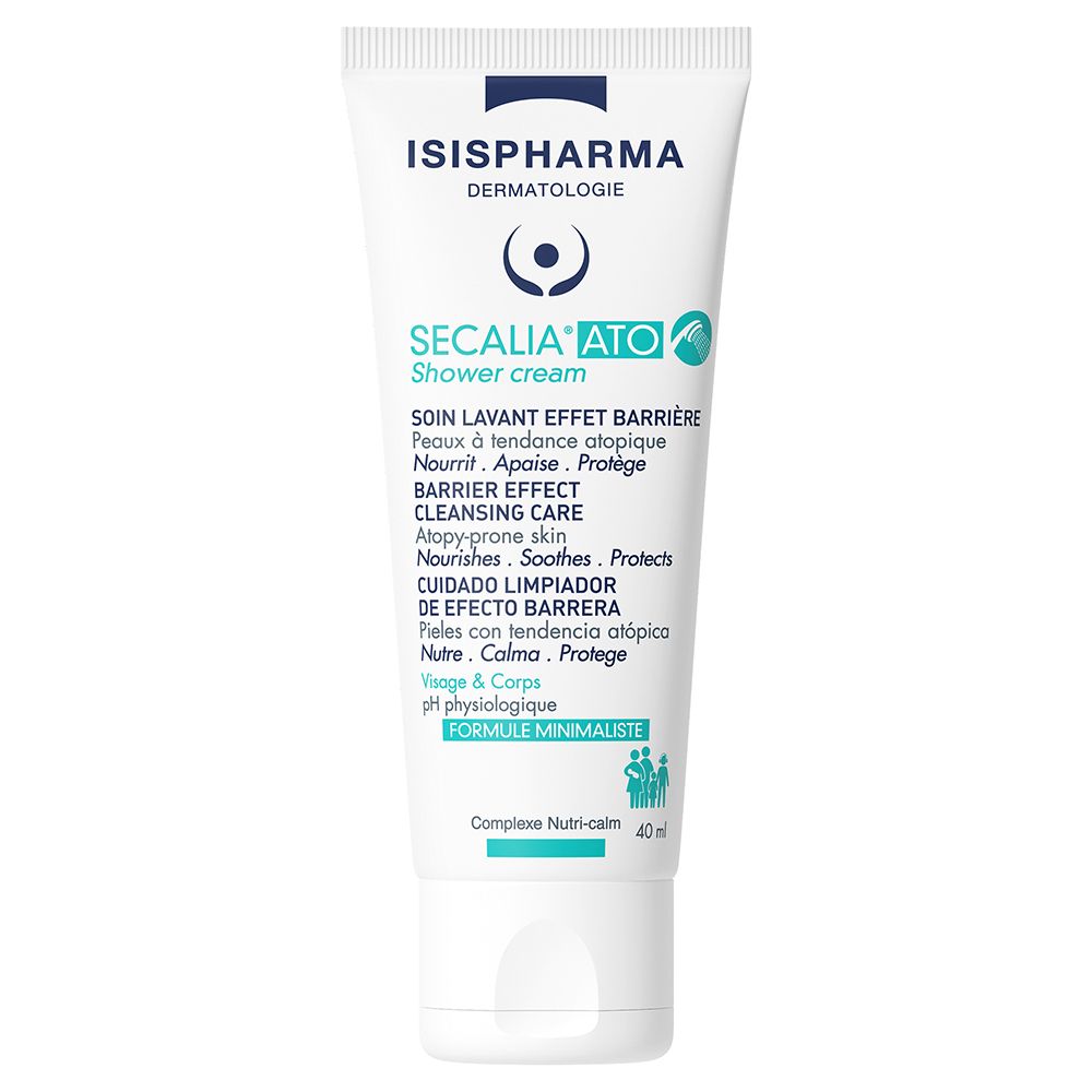 Weiße Tube ISISPHARMA Secalia Ato Shower Cream. Text: Secalia Ato, Barrier Effect Cleansing Care. pH physiologisch. 200ml.