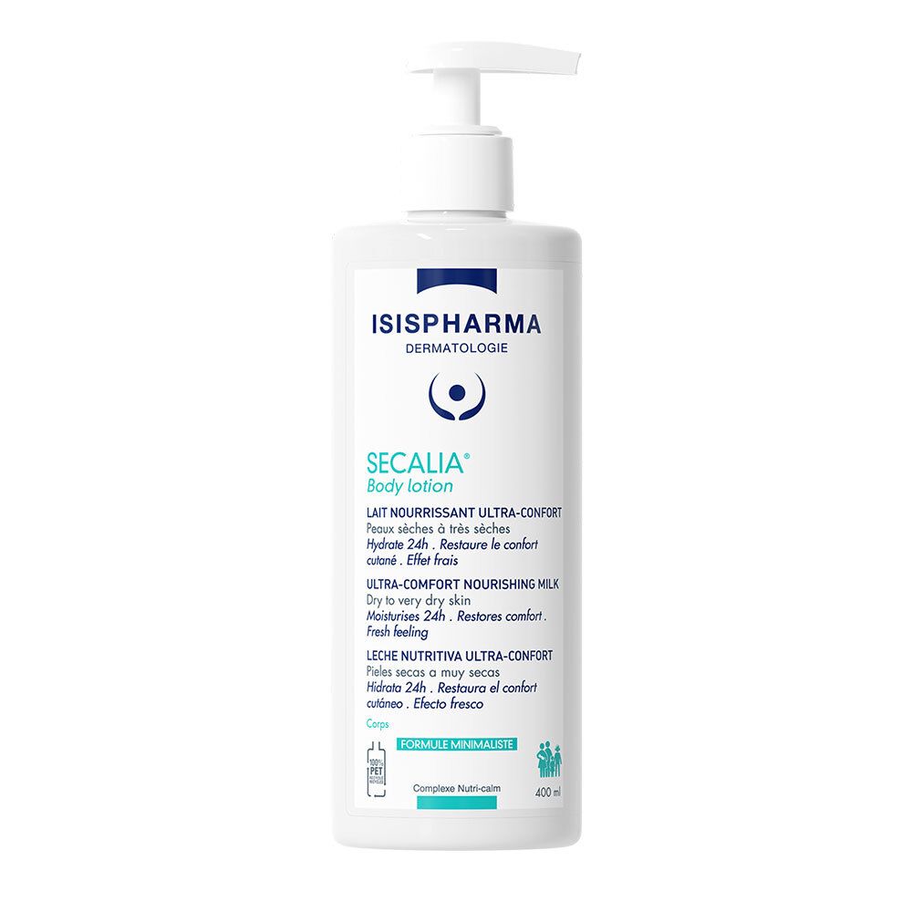 Weiße Flasche ISISPHARMA Secalia Body Lotion mit Dosierpumpe. Text: Lait Nourrissant Ultra-Confort, Hydrate 24h, Ultra-Comfort Nourishing Milk.