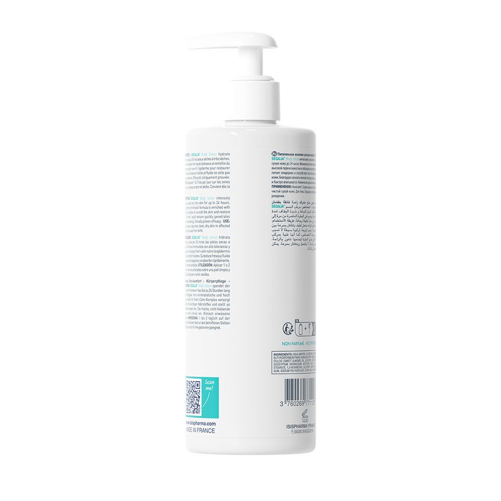 Rückseite der weißen Flasche ISISPHARMA Secalia Body Lotion. Text und QR-Code. Hergestellt in Frankreich.