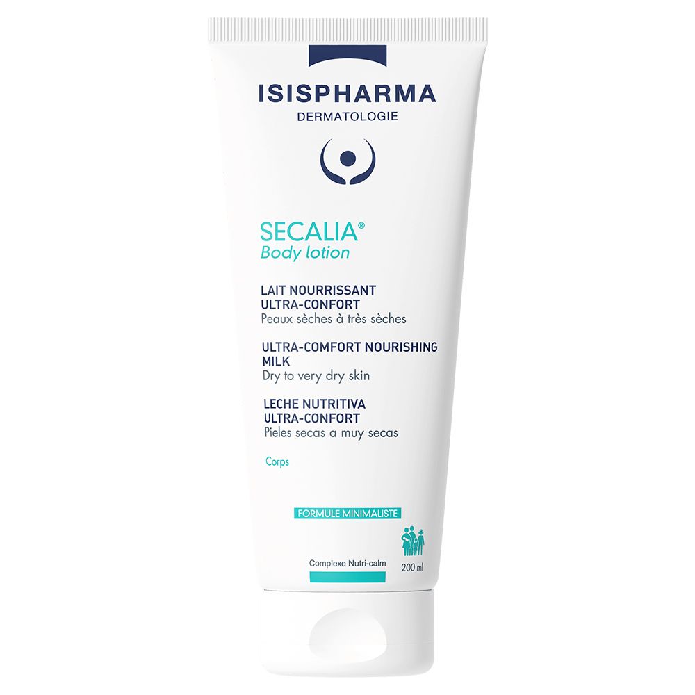 Weiße Tube mit ISISPHARMA Logo und Secalia Body Lotion Aufschrift. Text in Französisch und Englisch. Deckel unten.