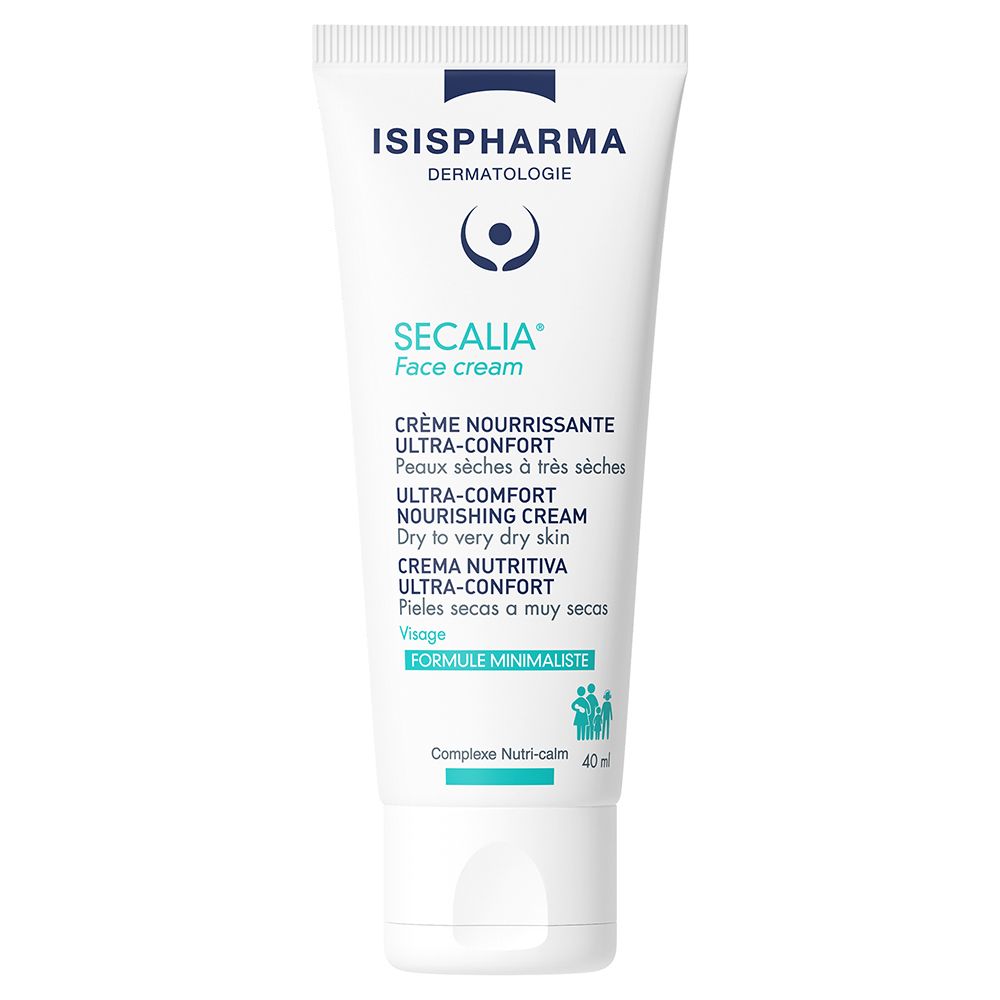 Weiße Tube mit blauer Aufschrift. ISISPHARMA Logo. SECALIA Face cream. Creme für trockene bis sehr trockene Haut.