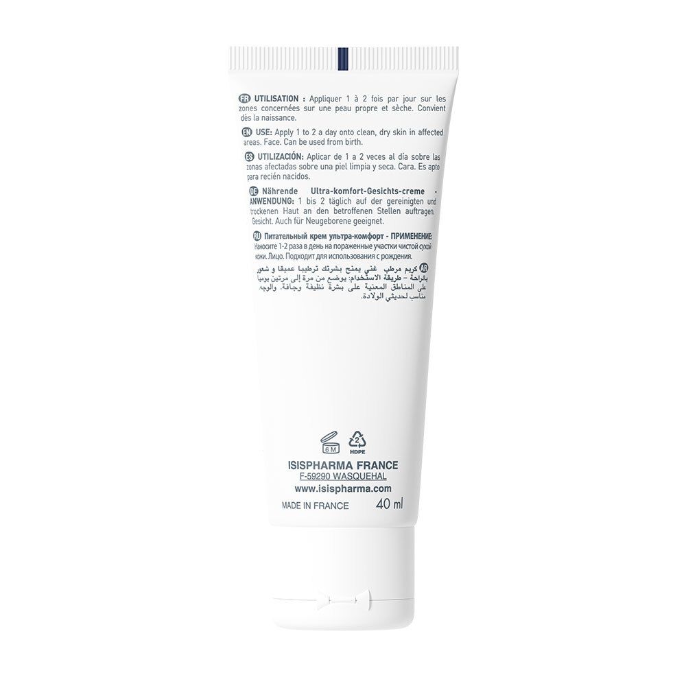 Rückseite der Tube. Text in mehreren Sprachen. ISISPHARMA FRANCE. 40 ml. Hergestellt in Frankreich.