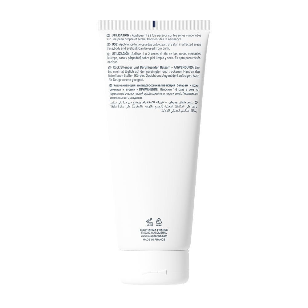 Rückseite einer weißen Tube. Text in mehreren Sprachen. Anwendungsanweisungen. Hergestellt in Frankreich. 200ml.