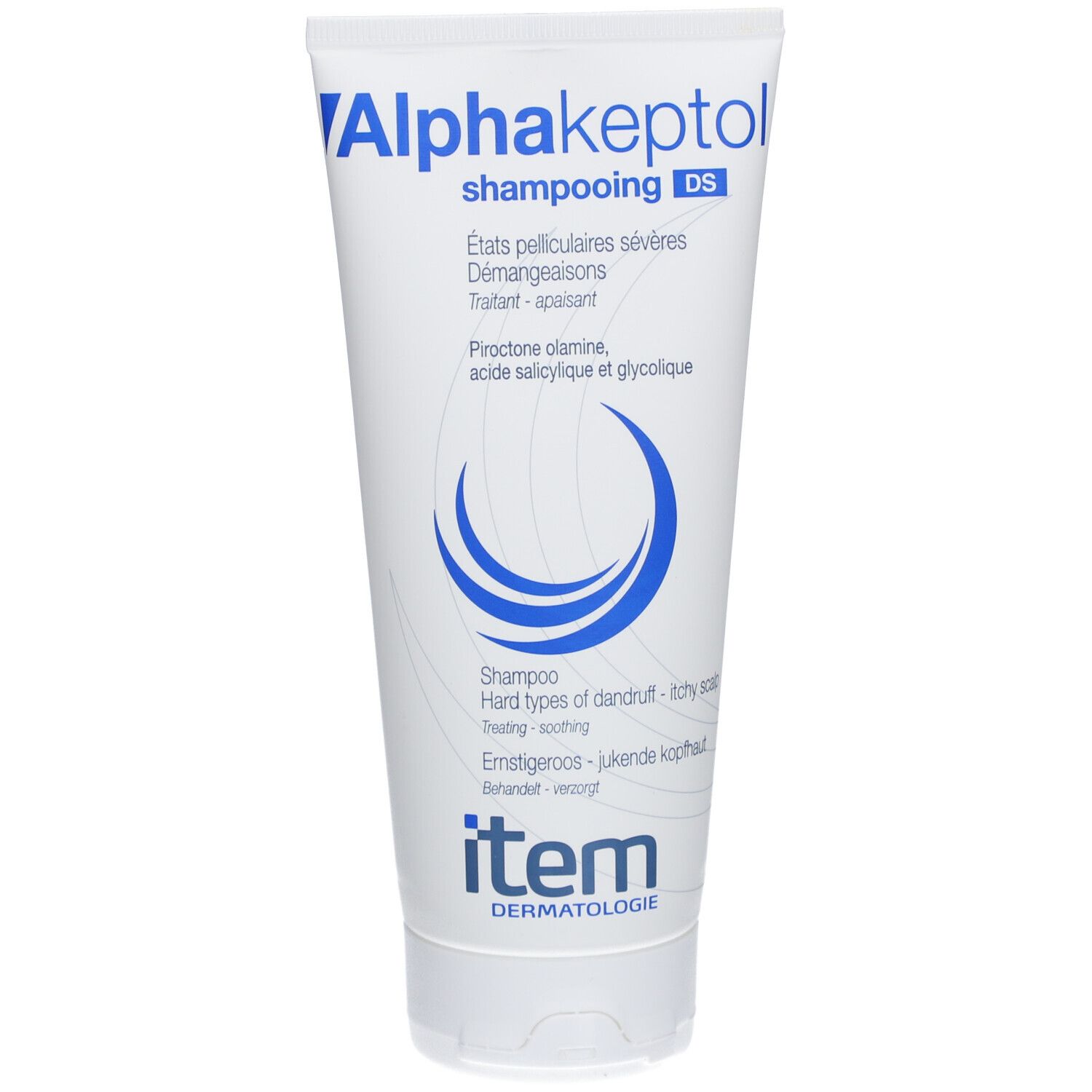 Tube blanc avec logo bleu et texte. Contient du shampooing. Texte en français, néerlandais et allemand.