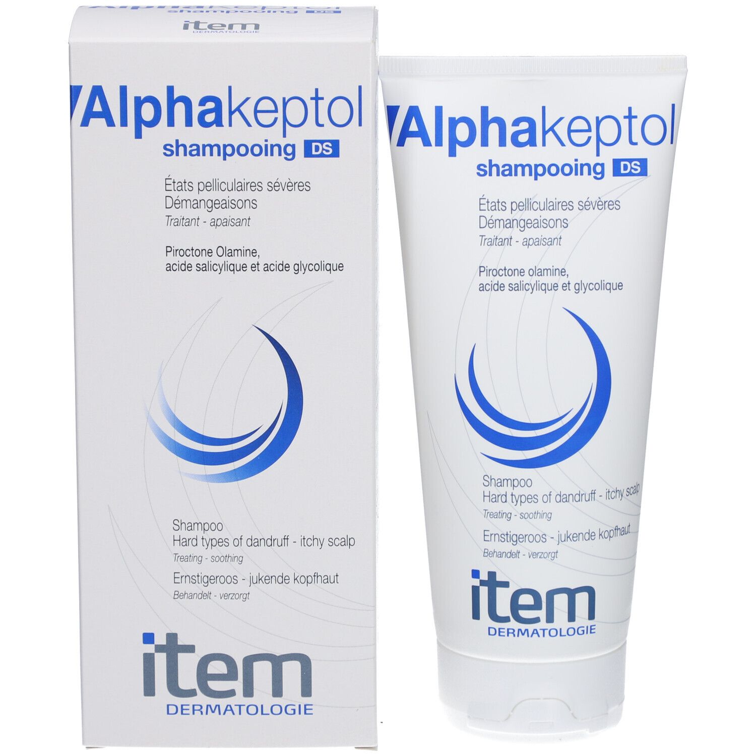 Emballage du produit avec tube et boîte. Les deux affichent le produit et du texte en plusieurs langues.