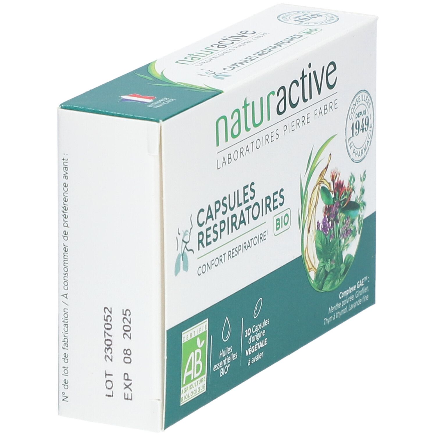 Schachtel mit Kapseln. Aufschrift: "CAPSULES RESPIRATOIRES", "BIO". Logo "AB Agriculture Biologique".  Aufdruck mit Verfallsdatum.