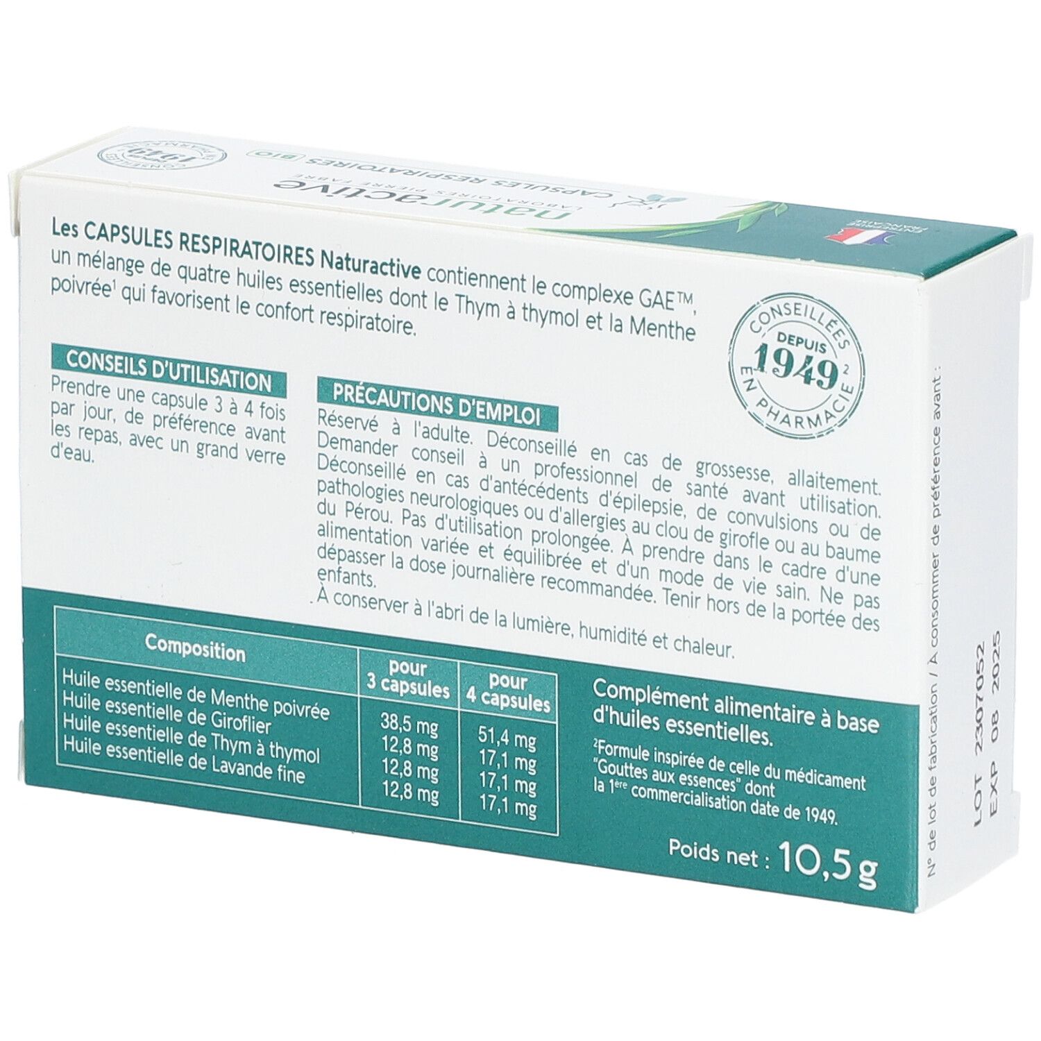 Rückseite der Kapsel-Schachtel. Text über Inhaltsstoffe und Anwendung. Logo "Conseillés depuis 1949 en pharmacie".