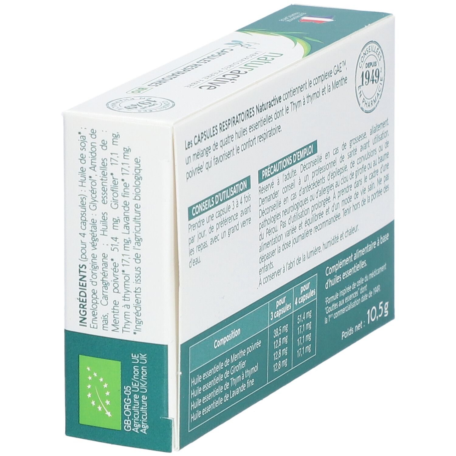 Rückseite der Kapsel-Schachtel. Text über Inhaltsstoffe und Anwendung. Logo "Conseillés depuis 1949 en pharmacie".