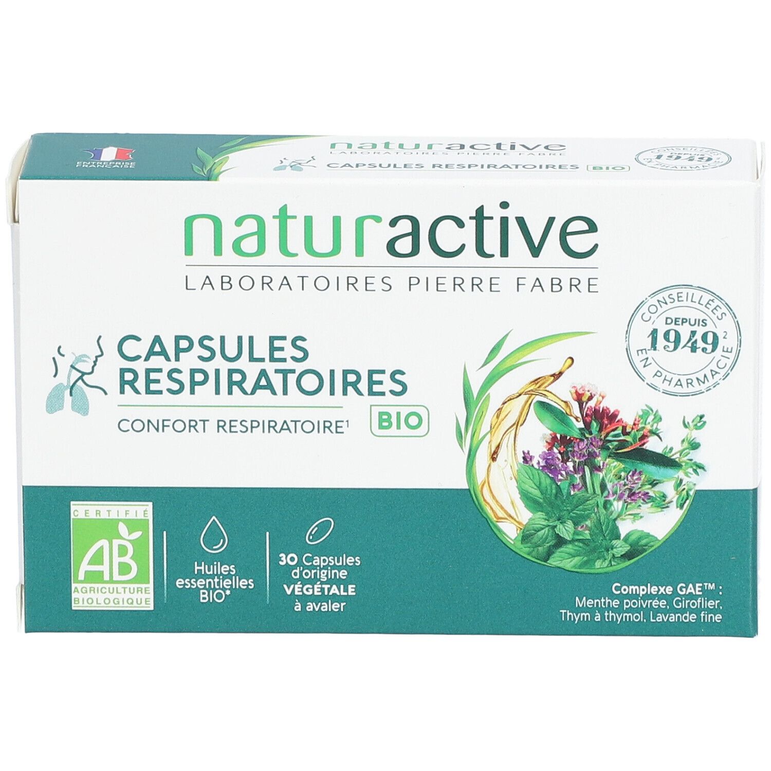 Schachtel mit Kapseln. Aufschrift: "CAPSULES RESPIRATOIRES", "BIO". Logo "AB Agriculture Biologique". Abbildung von Pflanzen.