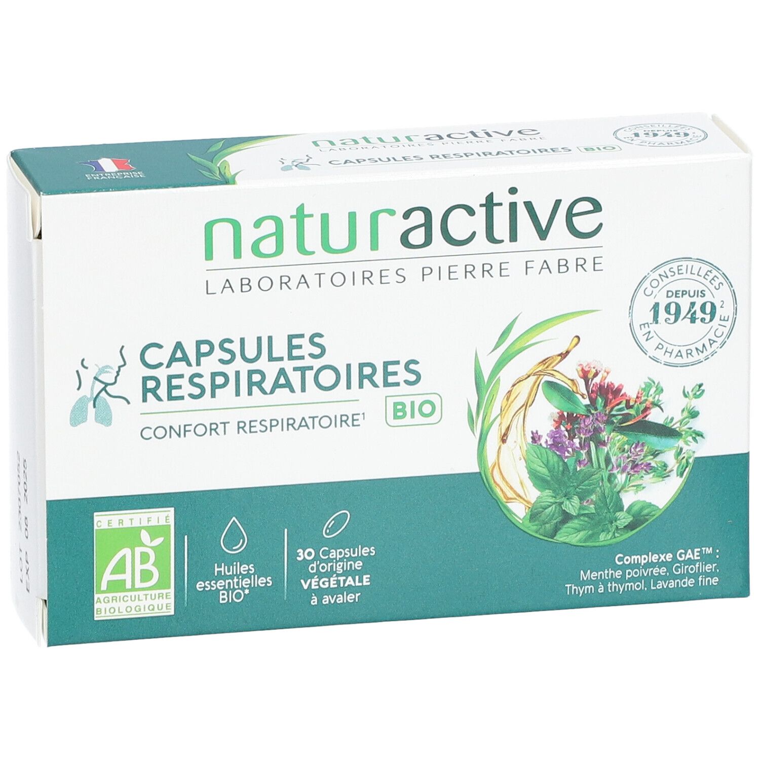 Schachtel mit Kapseln. Aufschrift: "CAPSULES RESPIRATOIRES", "BIO". Logo "AB Agriculture Biologique". Abbildung von Pflanzen.
