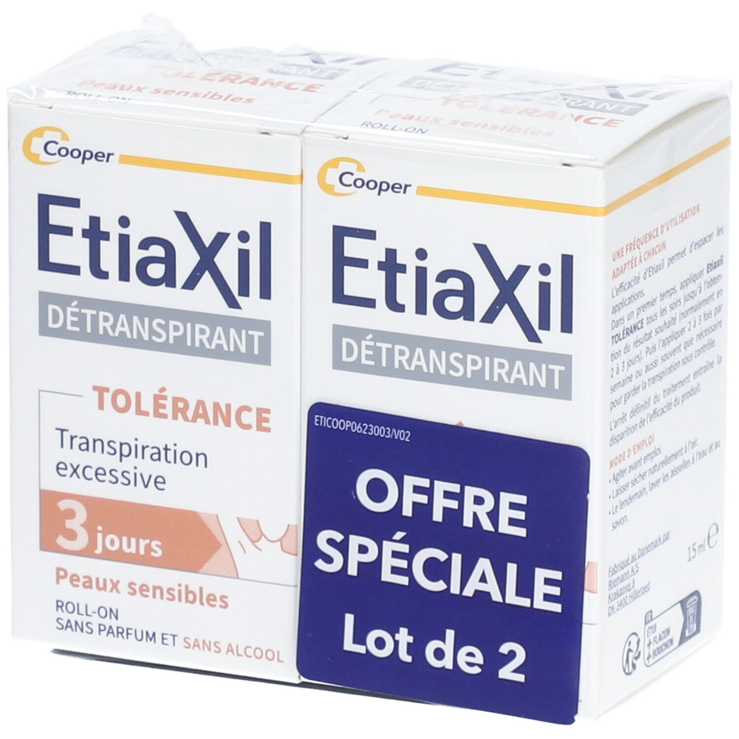 Deux boîtes EtiaXil Détranspirant. Inscription: Tolérance, 3 jours, Peaux sensibles. Offre spéciale: Lot de 2.