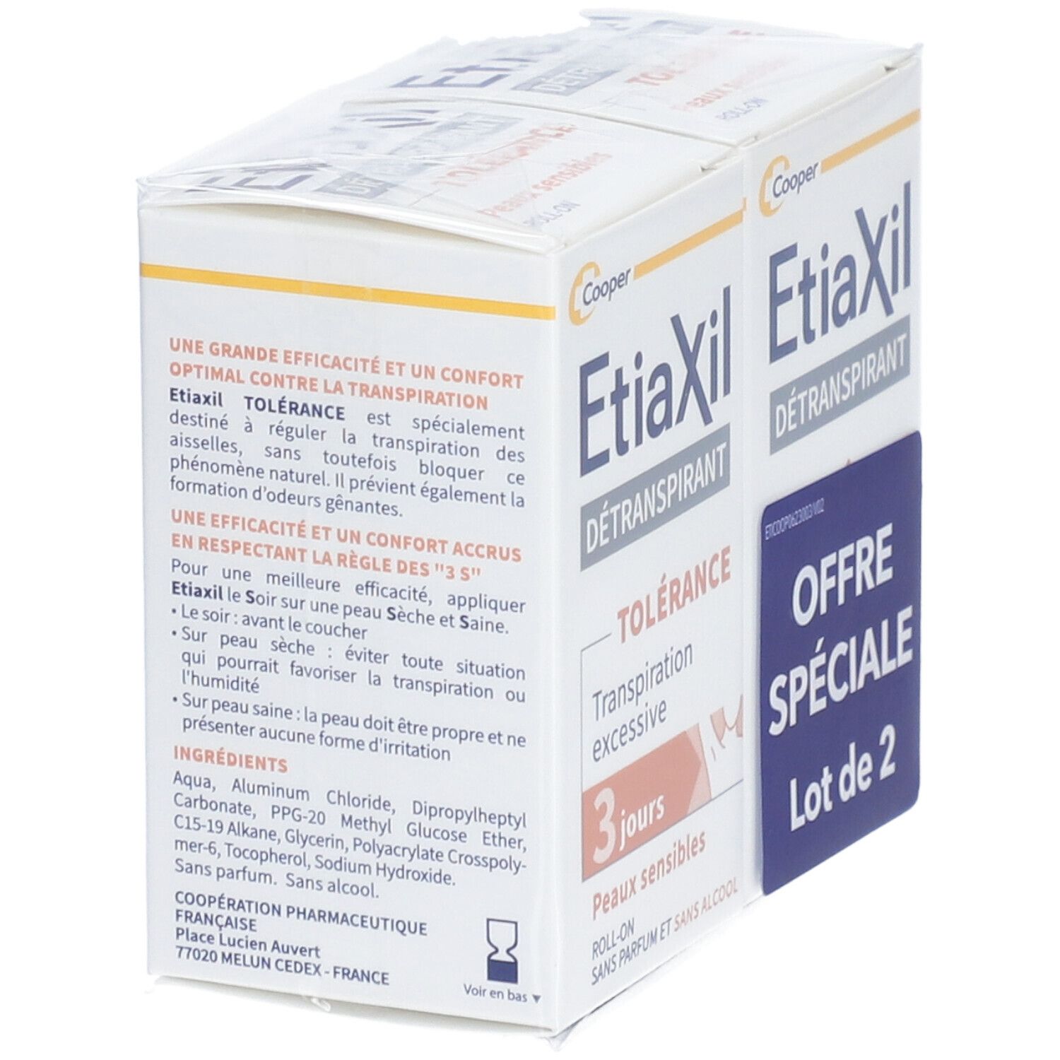 Deux boîtes EtiaXil Détranspirant. Inscription: Tolérance, 3 jours, Peaux sensibles. Ingrédients et mode d'emploi.