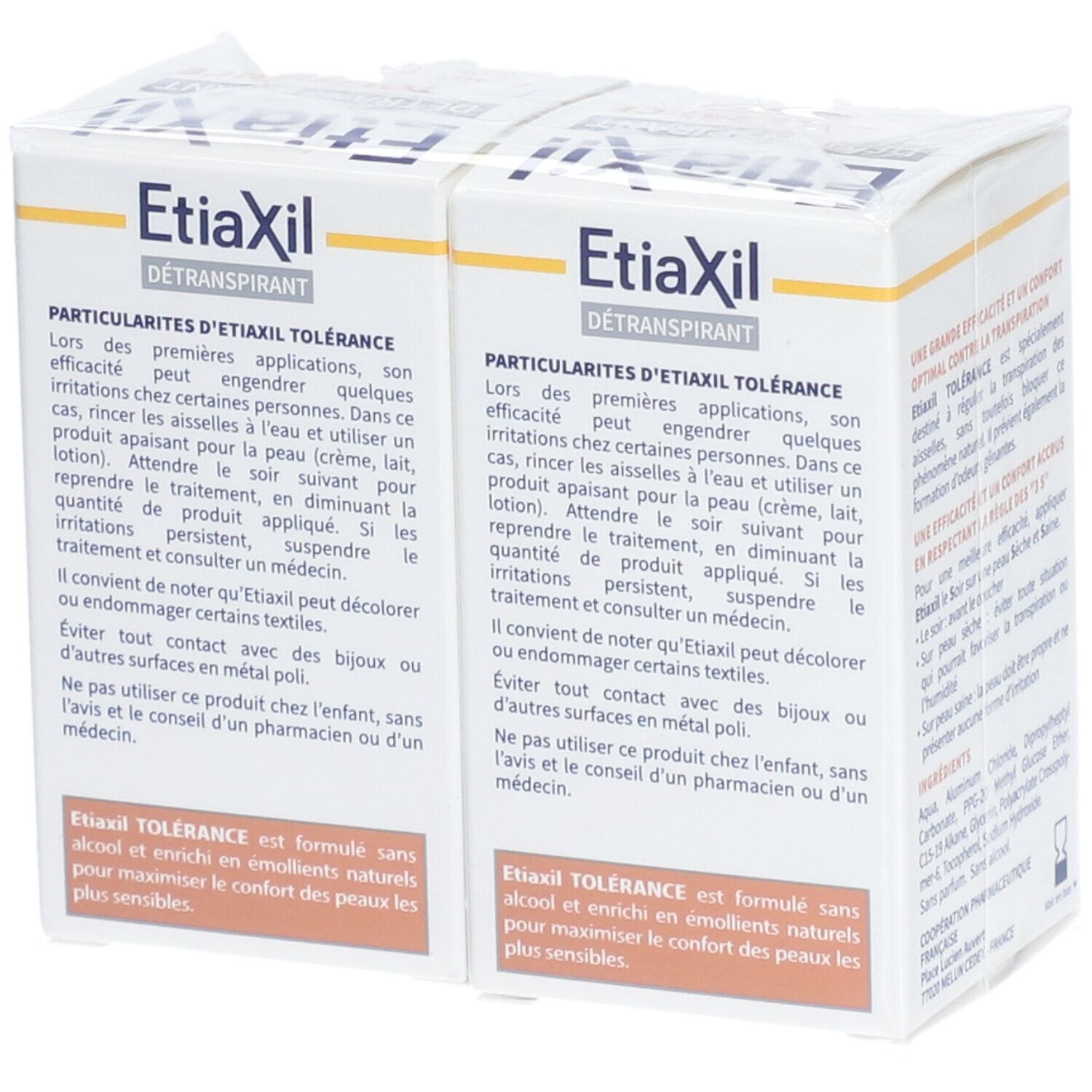 Deux boîtes EtiaXil Détranspirant. Inscription: Détails d'EtiaXil Tolérance. Texte sur l'utilisation et les précautions.