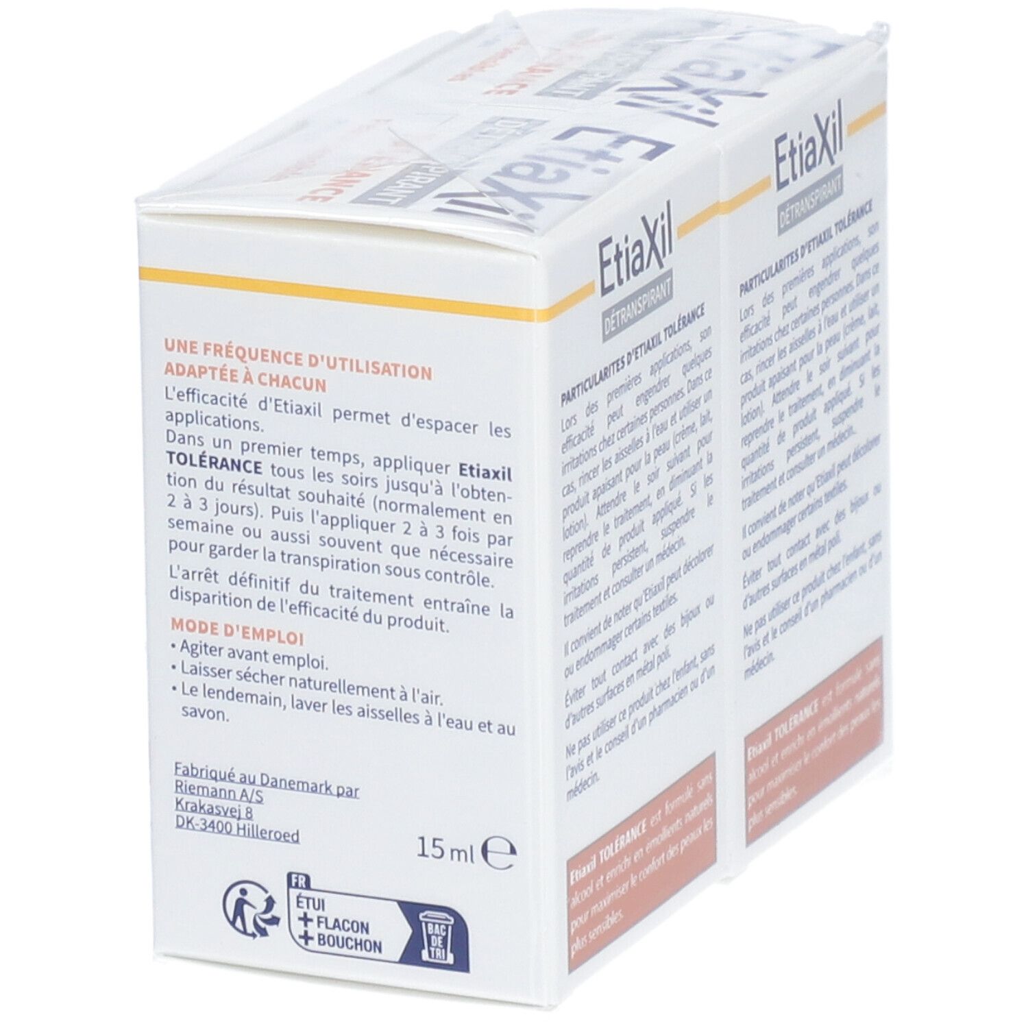 Deux boîtes EtiaXil Détranspirant. Inscription: Fréquence d'utilisation, instructions et contenu.