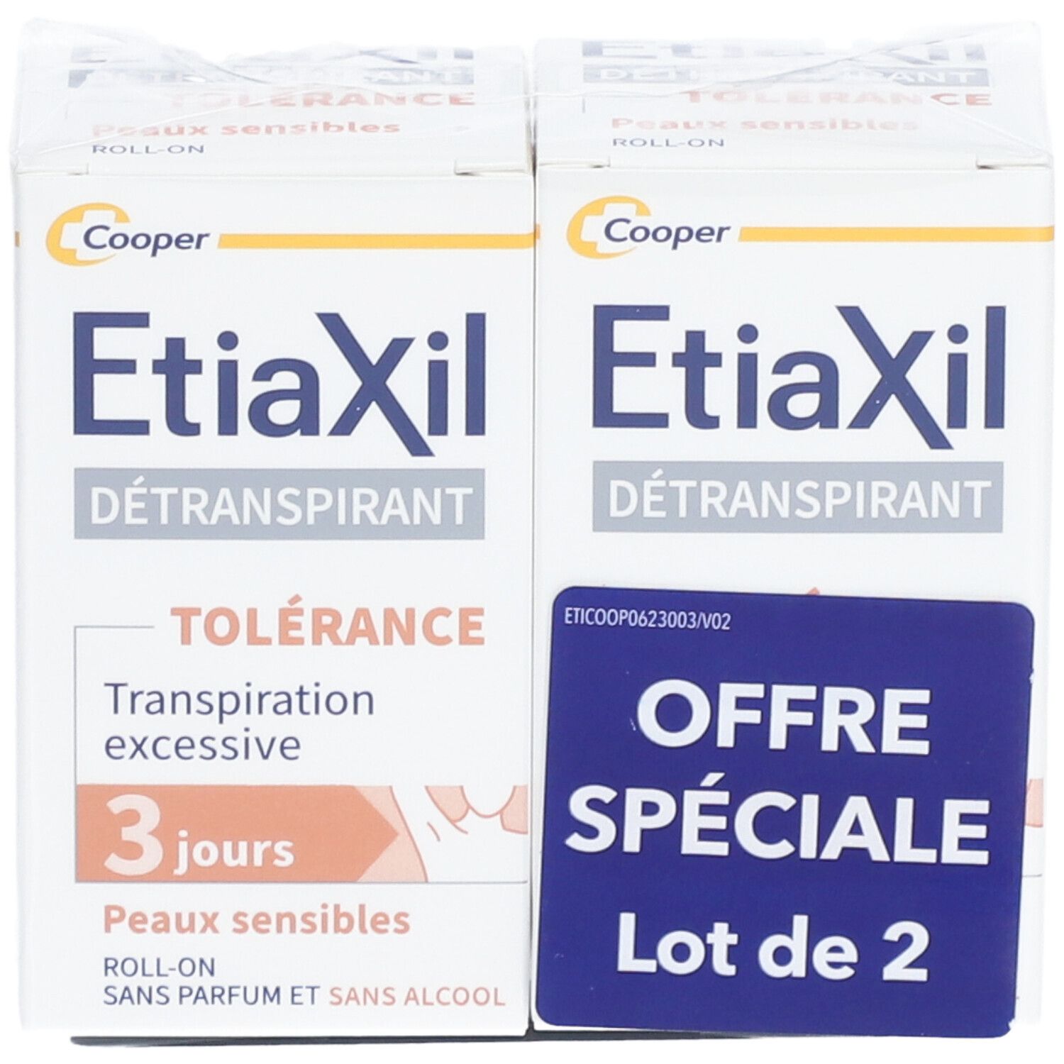 Deux boîtes EtiaXil Détranspirant. Inscription: Tolérance, 3 jours, Peaux sensibles. Offre spéciale: Lot de 2.