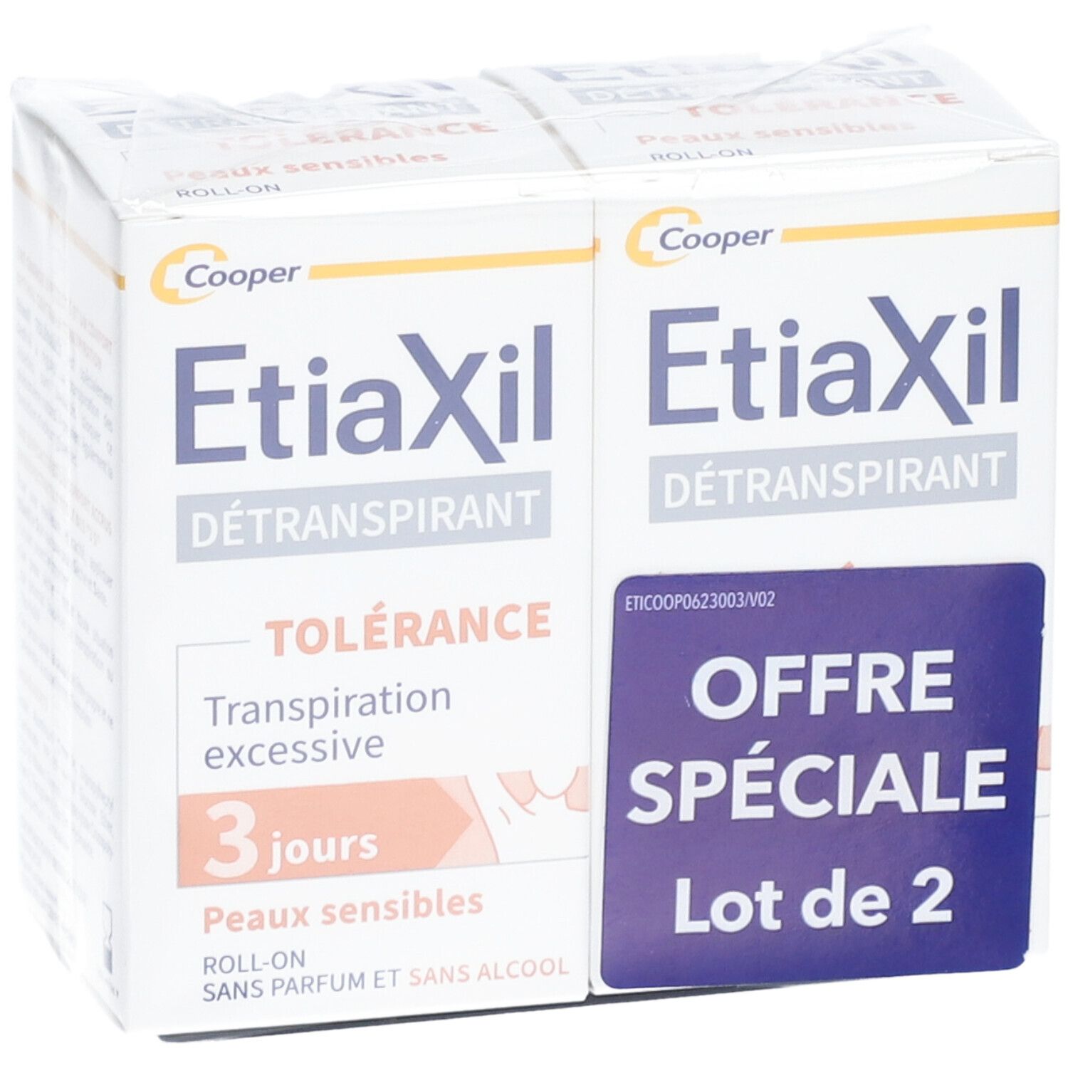 Deux boîtes EtiaXil Détranspirant. Inscription: Tolérance, 3 jours, Peaux sensibles. Offre spéciale: Lot de 2.