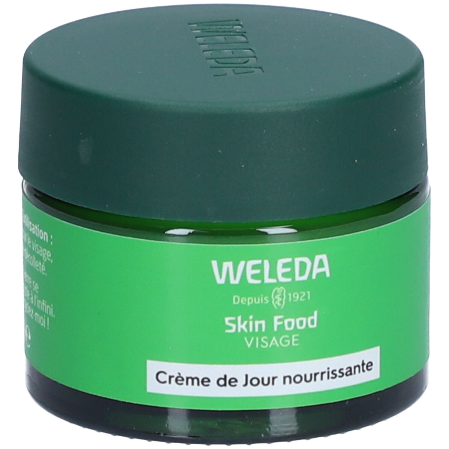 Pot vert avec couvercle vert. Inscription: Weleda Skin Food Visage. Crème de Jour nourrissante.