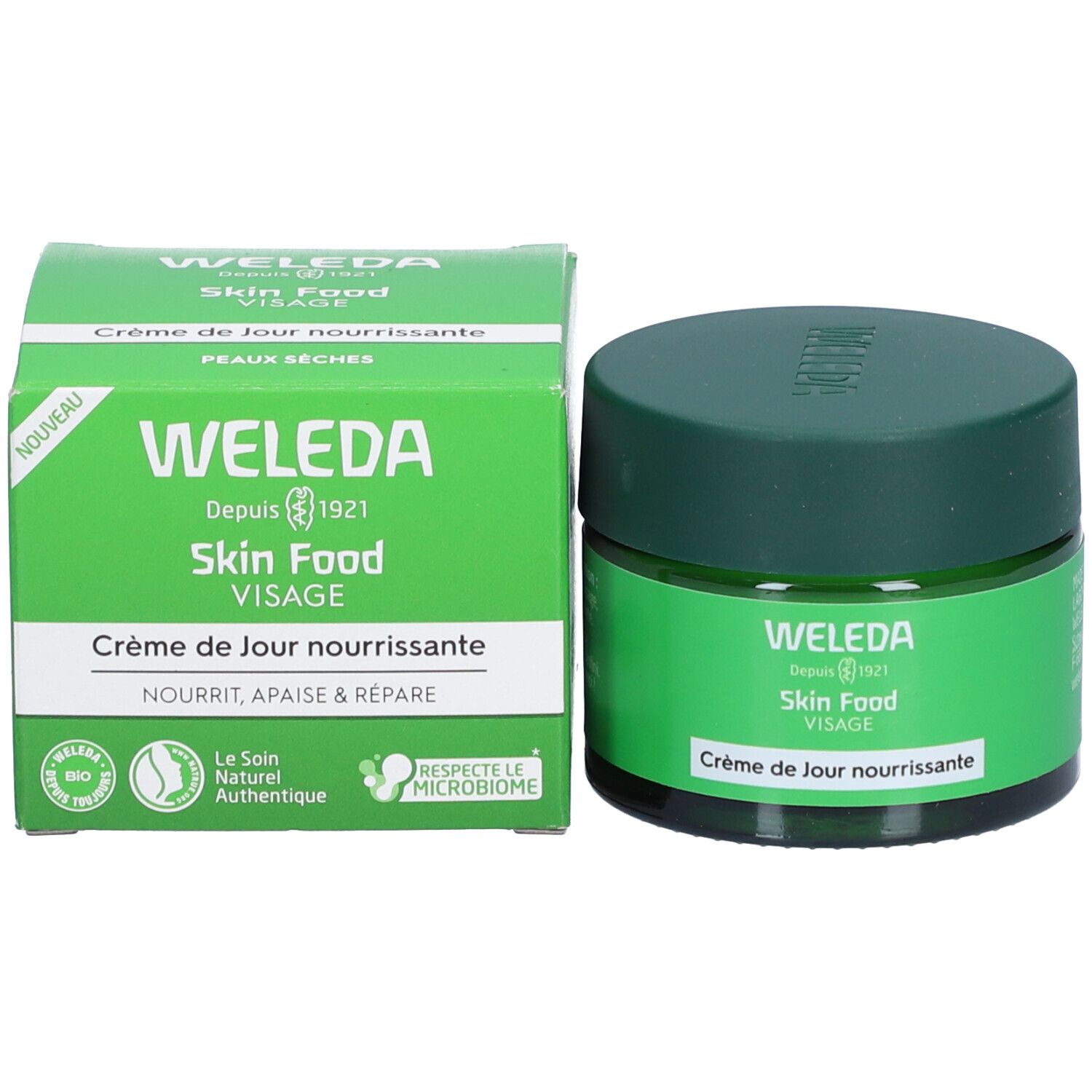 Produit et emballage. Pot vert et boîte verte. Inscription: Weleda Skin Food Visage.