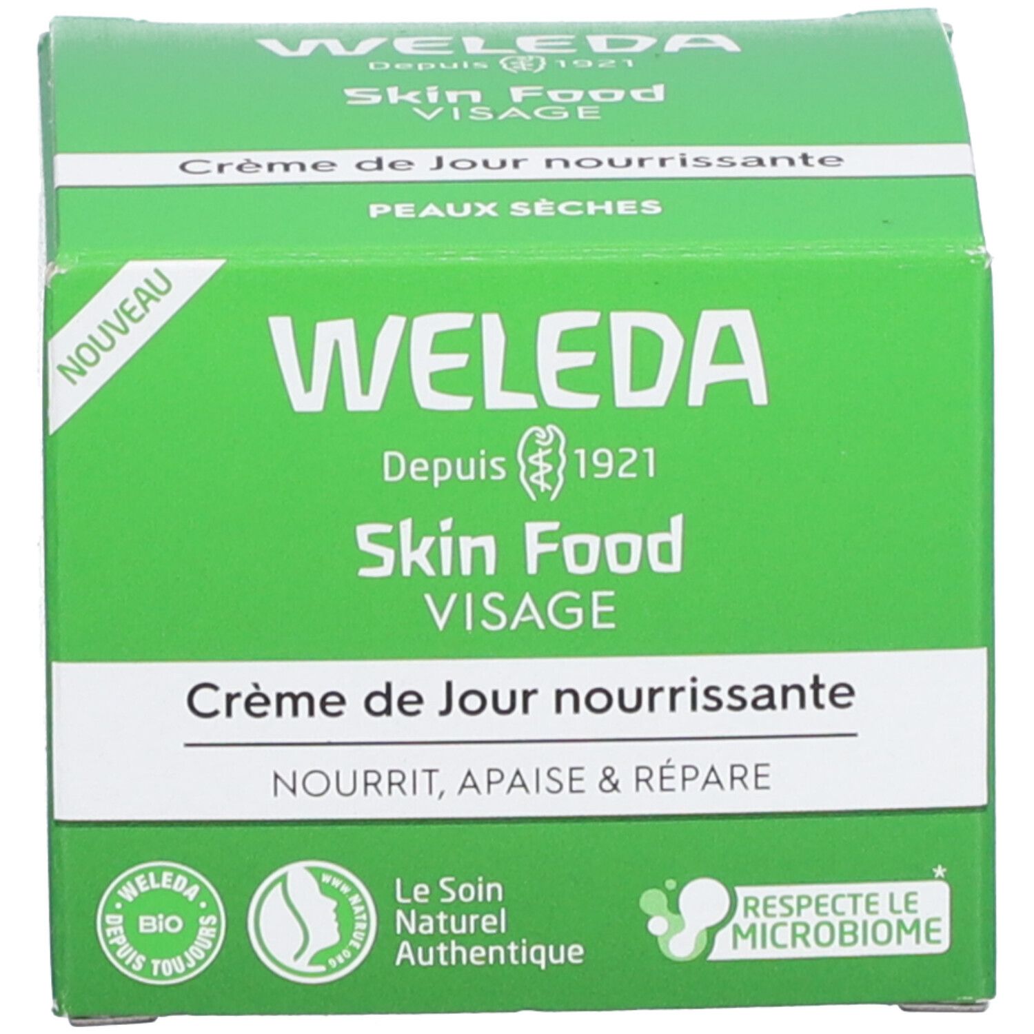 Boîte verte. Inscription: Weleda Skin Food Visage. Crème de Jour nourrissante. Texte.