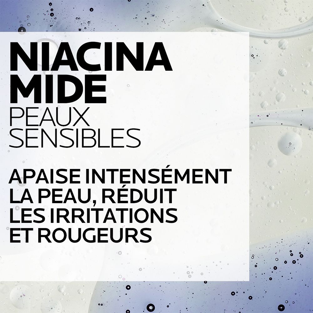 Texte 'Niacinamide' et 'Peaux Sensibles'. Décrit l'apaisement de la peau sensible.